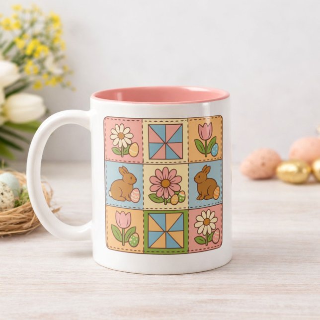 Caneca De Café Em Dois Tons Retro Easter Bunny Floral Quilt Pattern  (Criador carregado)