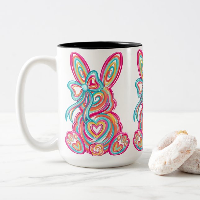 Caneca De Café Em Dois Tons Retro Neon Abstract Swirl Easter Bunny Graphic (Com Donut)