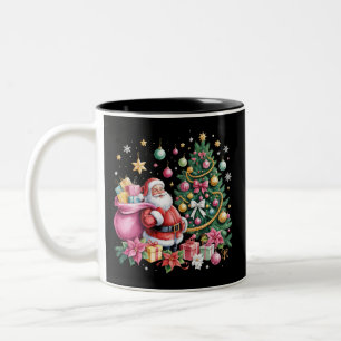 Caneca De Café Em Dois Tons Retro Rosa Papai Noel Coquette Natal Fofo Árvore G