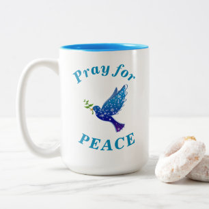 Caneca De Café Em Dois Tons "Reze pela PAZ" Texto Azul de Vida Pacífica