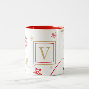 Caneca De Café Em Dois Tons Rico Vermelho Dourado Flocos de Neve Monograma