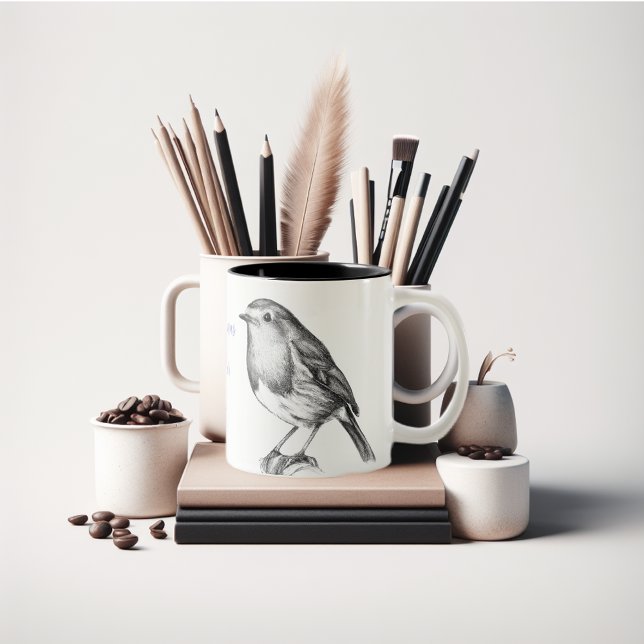 Caneca De Café Em Dois Tons Robin Natal anima preto e branco (Beautiful Robin coffee mug.)