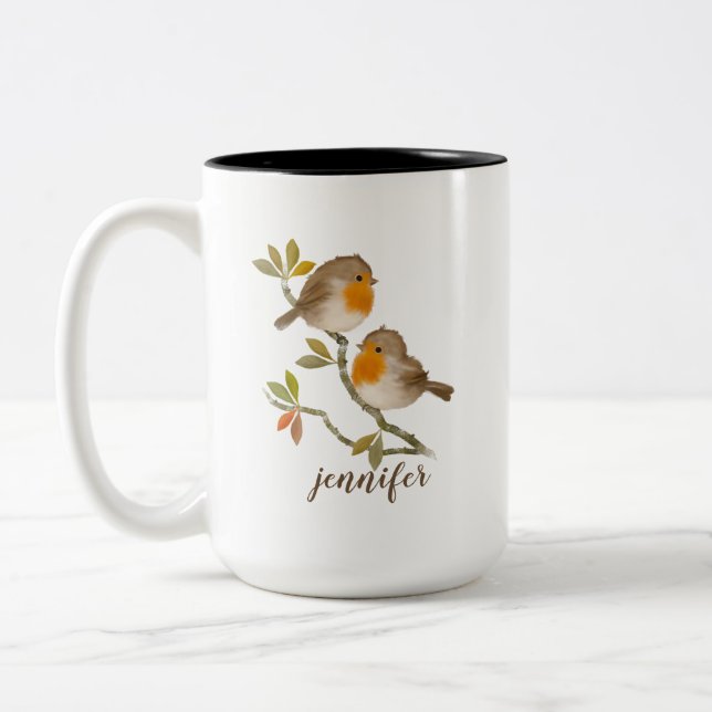 Caneca De Café Em Dois Tons Robin Redbreast Birds Personalizado (Esquerda)