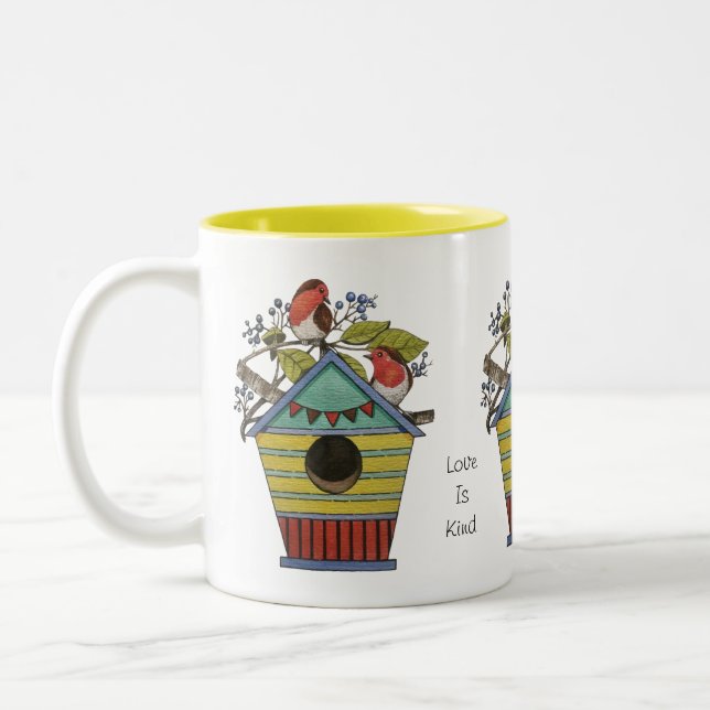 Caneca De Café Em Dois Tons Robins Com Airelas E Birdhouse (Esquerda)