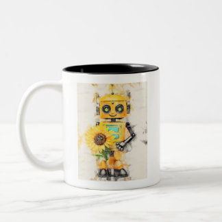 Caneca De Café Em Dois Tons Robô de brinquedo giro amarelo segurando girassol