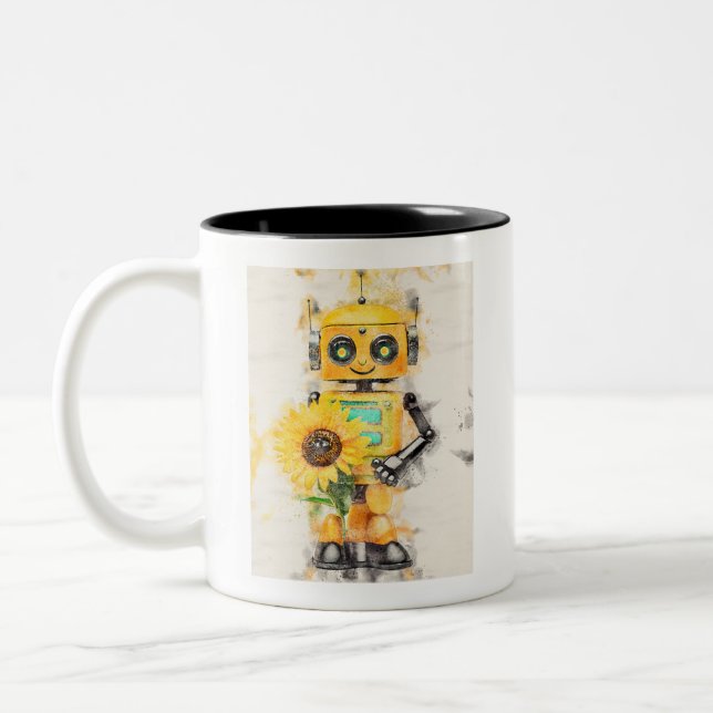 Caneca De Café Em Dois Tons Robô de brinquedo giro amarelo segurando girassol (Esquerda)