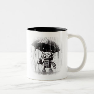Caneca De Café Em Dois Tons Robô segurando um guarda-chuva na chuva