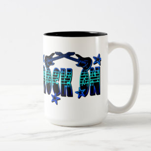 Caneca De Café Em Dois Tons Rocha de logotipo azul em guitarras e estrelas