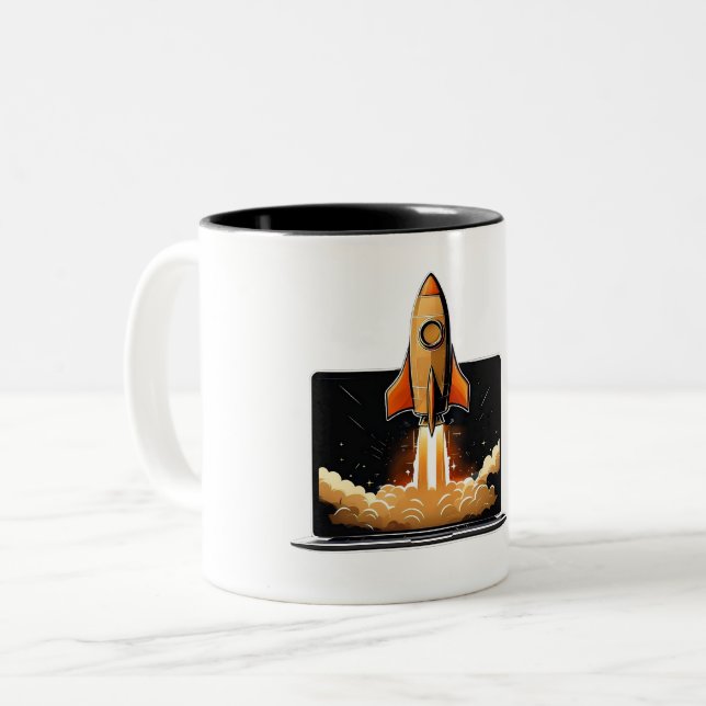 Caneca De Café Em Dois Tons Rocket Launch Laptop Startup Entrepreneur Online B (Frente Esquerda)