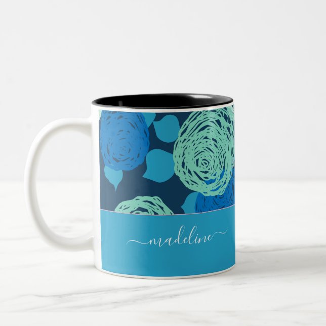 Caneca De Café Em Dois Tons Rosa Azul Aqua Azul Teal Monograma Nome Personaliz (Esquerda)
