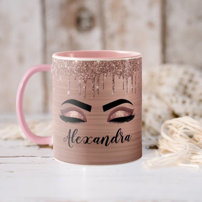 Caneca De Café Em Dois Tons Rosa Dourado Glitter Sparkle Eyelashes Monograma (Criador carregado)