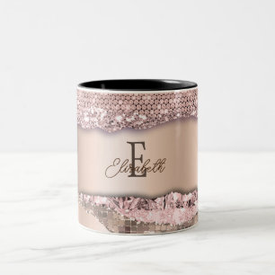 Caneca De Café Em Dois Tons Rosa Dourado Tendência Diamantes Brilho Monograma