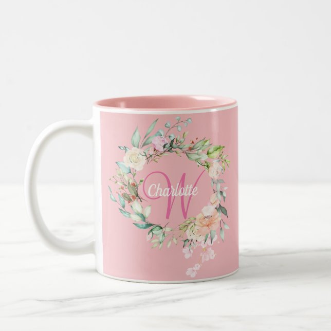 Caneca De Café Em Dois Tons Rosa Floral Elegant Script Monograma Rosa (Esquerda)