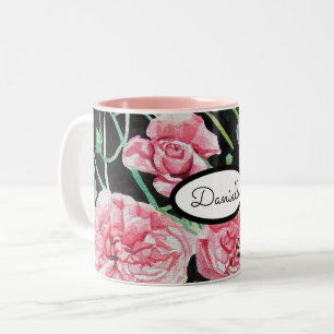 Caneca De Café Em Dois Tons Rosa Floral Rosas Vintage Garden Mulheres de Preto