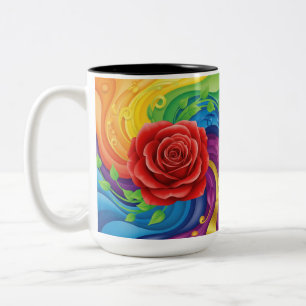Caneca De Café Em Dois Tons Rosa vermelha no fundo Abstrato do arco-íris