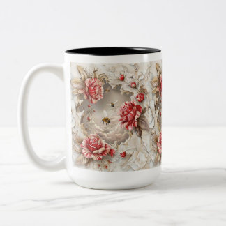 Caneca De Café Em Dois Tons Rosas 3D Elegantes, Abelhas E Beleza Botânica