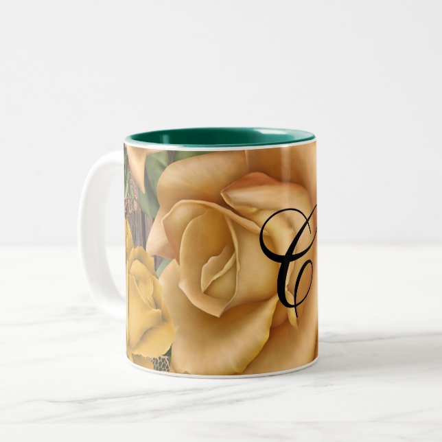 Caneca De Café Em Dois Tons Rosas Amarelas & Madeira Rústica Country Shabby Ch (Frente Esquerda)