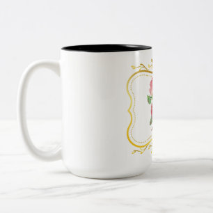 Caneca De Café Em Dois Tons Rosas Antigas com Moldura Dourada Elegante