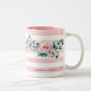 Caneca De Café Em Dois Tons Rosas largos chiques de w das listras da aguarela