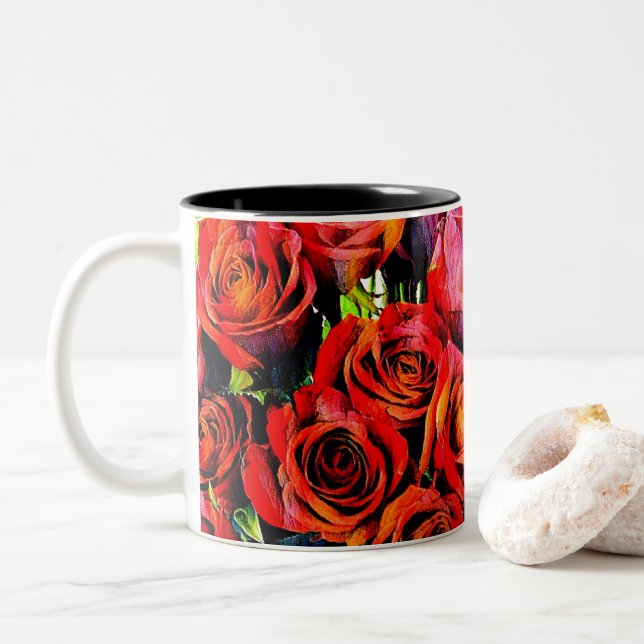 Caneca De Café Em Dois Tons Rosas vermelhas (Com Donut)