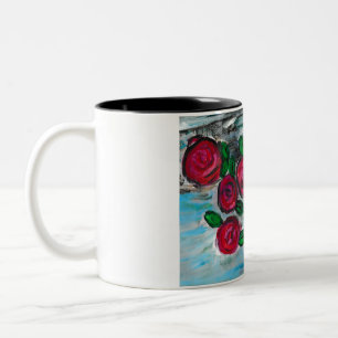 Caneca De Café Em Dois Tons Rosas vermelhas Com Pássaro Azul