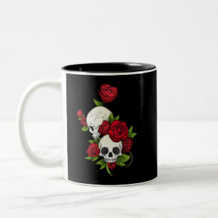 Caneca De Café Em Dois Tons Rosas vermelhas e crânios Feliz Dia dos Mortos