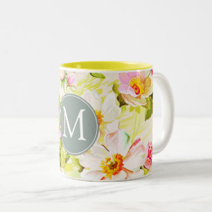 Caneca De Café Em Dois Tons Rosas Vintage Floral Peonies Monogramas Mug