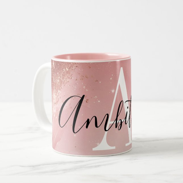 Caneca De Café Em Dois Tons Rose Gold Glitter Monogram Mug – Personalized Name (Frente Esquerda)
