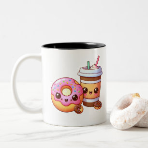 Caneca De Café Em Dois Tons Rosquinha e Café Adoráveis - Comida Kawaii Art