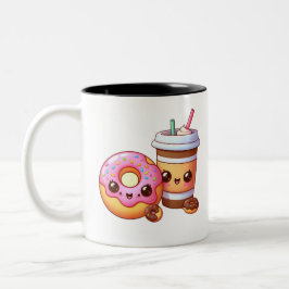 Caneca De Café Em Dois Tons Rosquinha e Café Adoráveis - Comida Kawaii Art