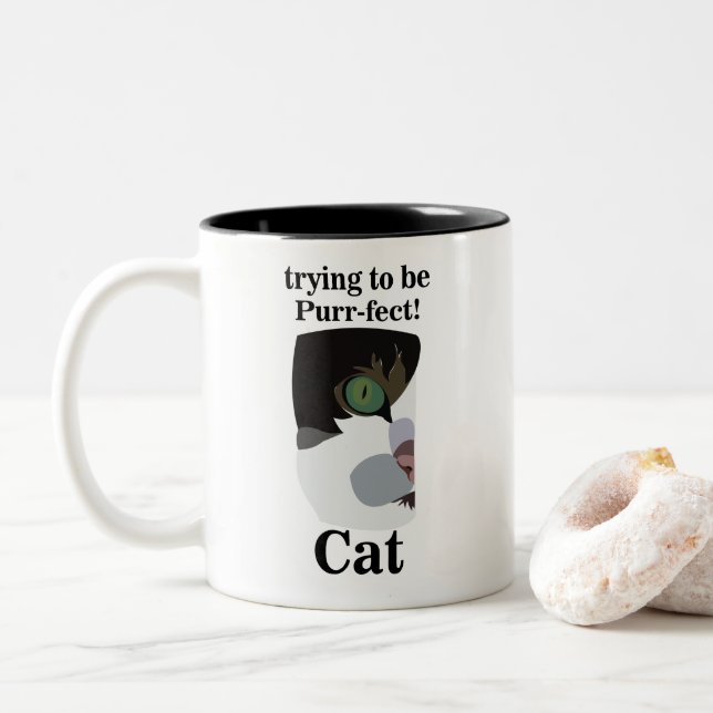 Caneca De Café Em Dois Tons Rosto de Gato Engraçado (Com Donut)