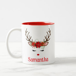 Caneca De Café Em Dois Tons Rosto de Rena Festivo e Fofo com Poinsettia