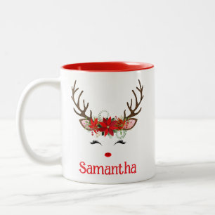 Caneca De Café Em Dois Tons Rosto de Rena Fofo Festivo com Poinsettia