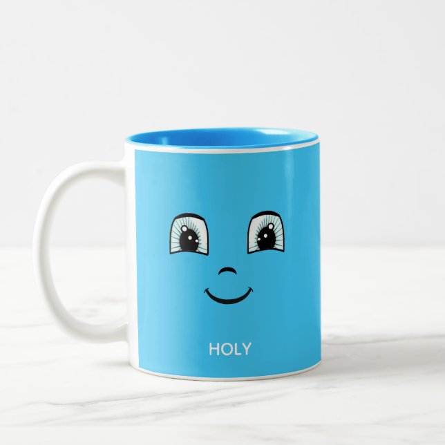 Caneca De Café Em Dois Tons Rosto Feliz Azul com Texto Personalizado & Monogra (Esquerda)
