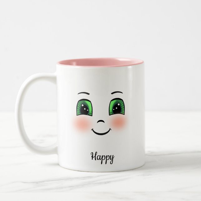 Caneca De Café Em Dois Tons Rosto feliz com rubor fofo em branco (Esquerda)