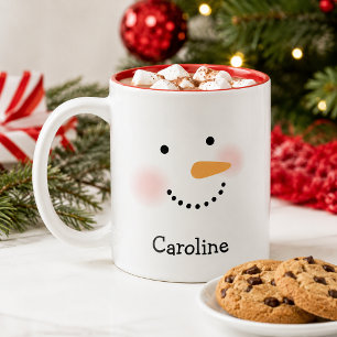 Caneca De Café Em Dois Tons Rosto Feliz de Boneco de Neve Nome Personalizado F