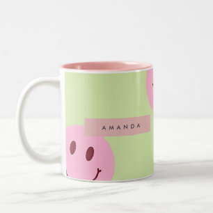 Caneca De Café Em Dois Tons Rosto Sorridente Personalizado Verde Pastel e Rosa