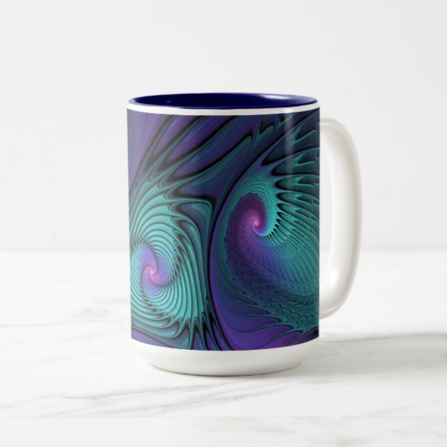 Caneca De Café Em Dois Tons Roxo encontra Arte Fractal abstrato Turquesa moder (Frente Esquerda)