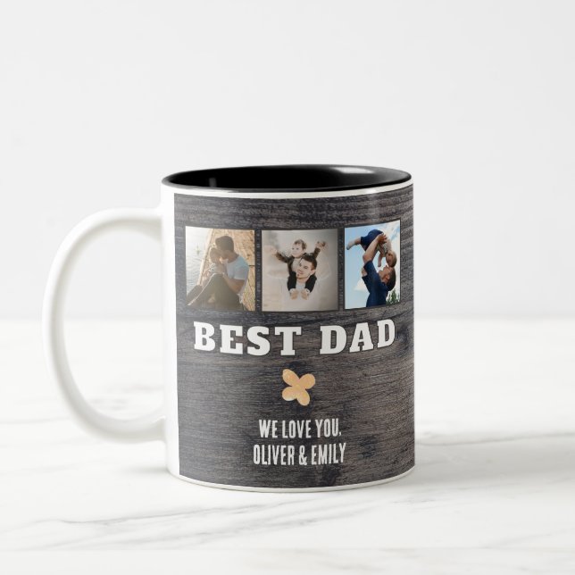 Caneca De Café Em Dois Tons Rustic Wood Best Dad 3 Photo Collage Keepsake  (Esquerda)