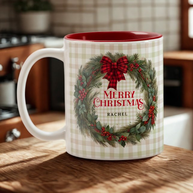 Caneca De Café Em Dois Tons Sage Green Gingham Farmhouse Wreath de Natal (Criador carregado)