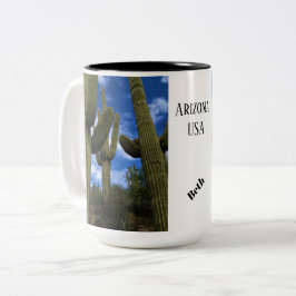 Caneca De Café Em Dois Tons Saguaro Cactus Trio / Céu Azul e Nuvens / Arizona