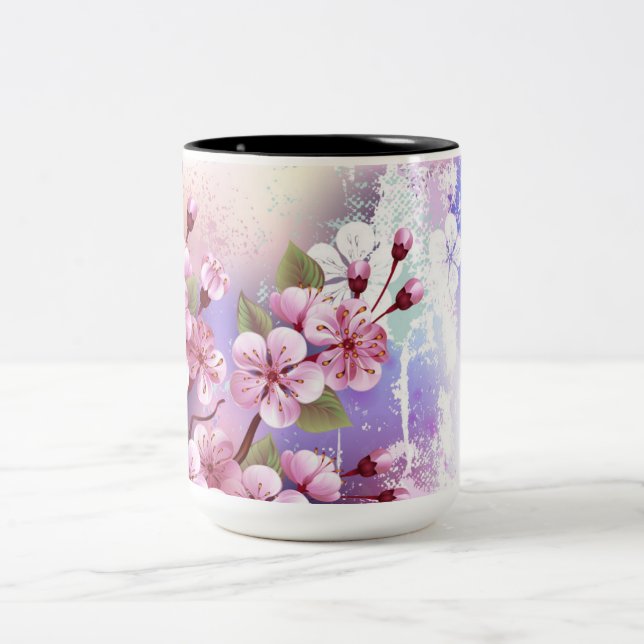 Caneca De Café Em Dois Tons Sakura rosa no fundo da pintura (Centro)