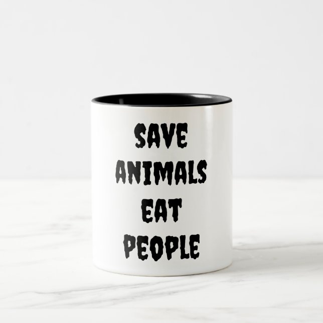 Caneca De Café Em Dois Tons salvar animais, comer pessoas (Centro)