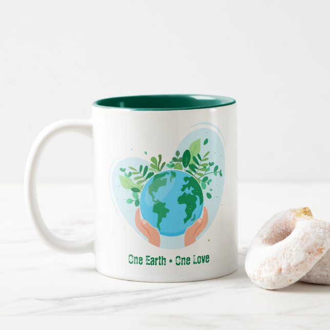 Caneca De Café Em Dois Tons Salve o Planeta. One Earth One Love (Com Donut)