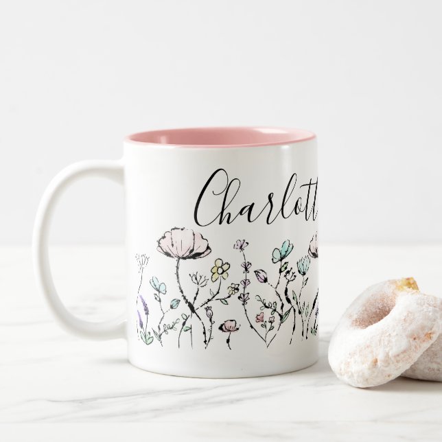 Caneca De Café Em Dois Tons Sangue Whimsical de Bela Flores Botânicas Selvagen (Com Donut)