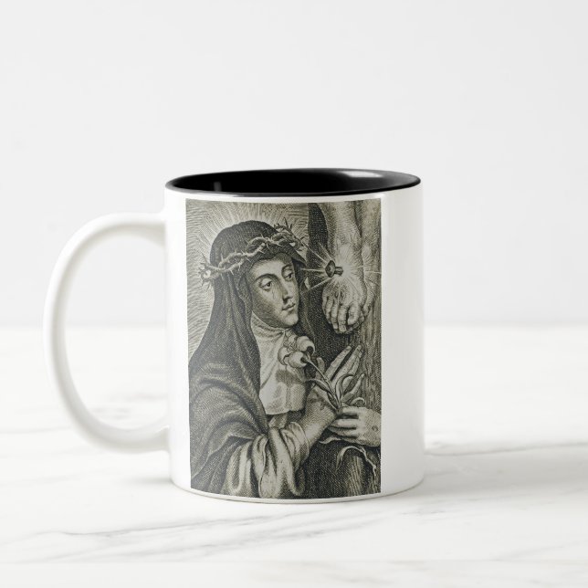 Caneca De Café Em Dois Tons Santa Catarina de Siena Crucificação Arte Noir Fé (Esquerda)