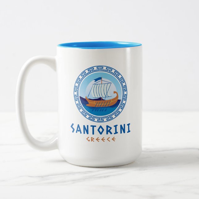 Caneca De Café Em Dois Tons Santorini, Grécia Desenho de Navio Grego (Esquerda)
