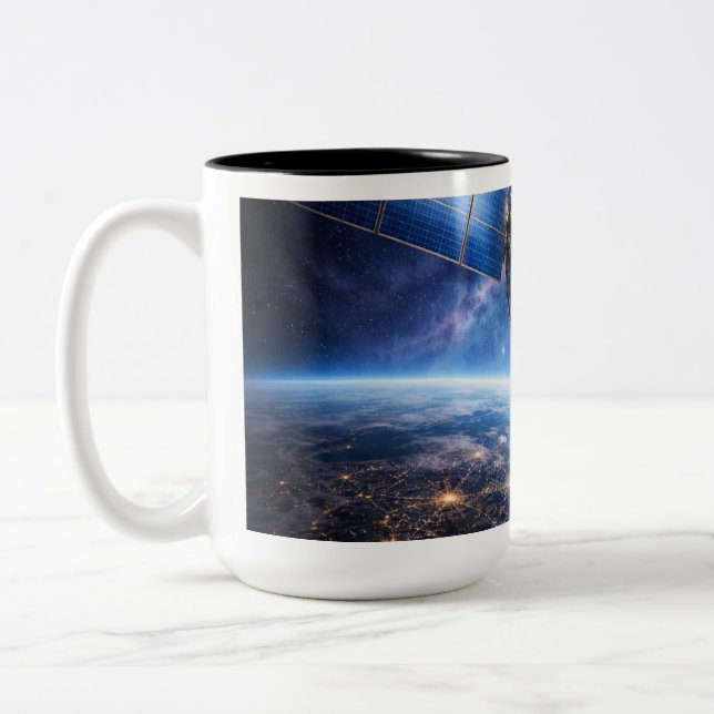 Caneca De Café Em Dois Tons Satélite Sobre o Planeta (Esquerda)