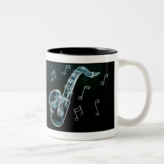 Caneca De Café Em Dois Tons Saxofone E Notas De Música (Direita)