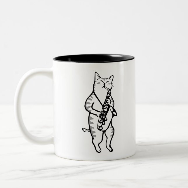 Caneca De Café Em Dois Tons Saxofone Instrumento Music Jazz Cat (Esquerda)